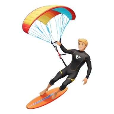 An athlete in a wetsuit, gliding above the waves on a kiteboard, holding onto a paraglider in the sky. The backdrop features a vibrant blue sky and rolling ocean waves, capturing the thrill and skill of the sport with a sense of freedom and adventure. sticker