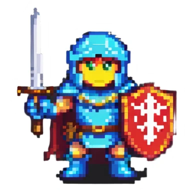retro 8-bit hero with sword and shield sticker