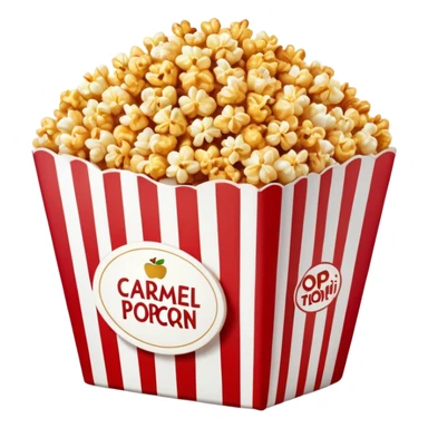 large package of caramel popcorn, red and white vertically striped package with thick stripes, golden brown caramel popcorn visible at the top, no text or labels on package, only stripe pattern, authentic Apple emoji style with glossy finish, prominent package size sticker