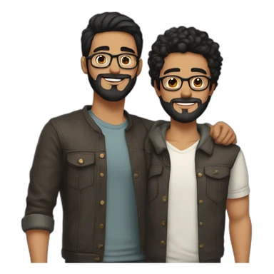 Gay couple of a 32 years old Colombian man with beard and black hair and brown holding hand with a man, 21 years old, NO BEARD, with glasses sticker