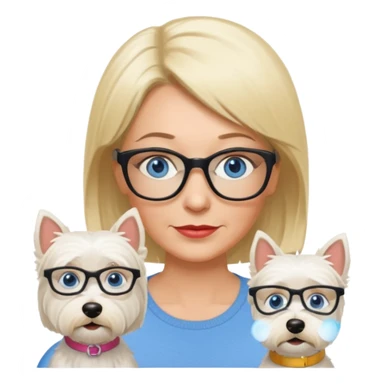white woman blue eyes glasses middle aged blonde bob funny with westie sticker