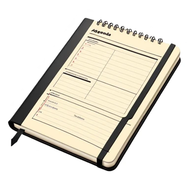 A detailed black Moleskine notebook open flat showing an agenda page with bullet points and a meeting schedule sticker