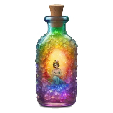 Antique oil bottle made of crystal glass of all delicate colors of the rainbow, a living flower fairy sits at the bottom of the bottle sticker