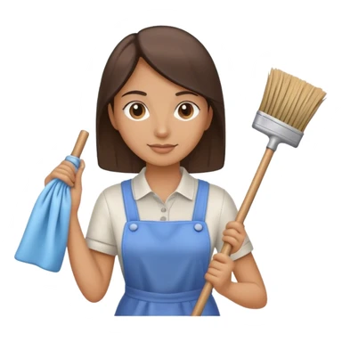 Cleaning supplies, including a broom, mop, and cleaning cloth sticker