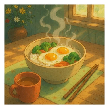 a whimsical breakfast scene in ghibli style, featuring a steaming bowl of rice, eggs, and vegetables, with soft lighting and gentle colors sticker