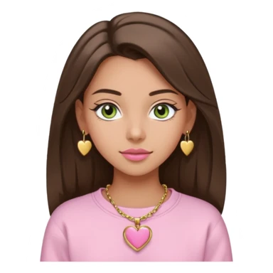 Create a teen girl wearing a light pink sweatshirt. She will have brunette hair, tan skin, pink lips, and grey-green eyes. She has long eyelashes. She is wearing gold stud earrings and a gold necklace with a heart-shaped pendant. sticker
