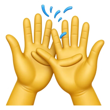 A 3D Apple-style emoji showing two different cartoon hands clapping together in a fun "high five / slap" gesture, only hands visible, with small motion lines and cheerful energy around, colorful and playful design sticker
