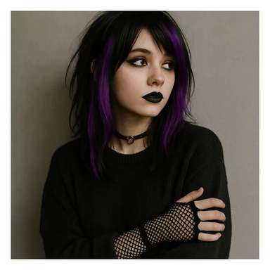 emo girl with purple streaks, fishnet gloves, black lipstick, oversized sweater, looking away sticker