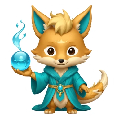 Chibi teal fox-dragon emoji with small antler horns, confident magical expression, gold mark on forehead, teal-gold robe, holding glowing blue water orbs, with dragon tail sticker