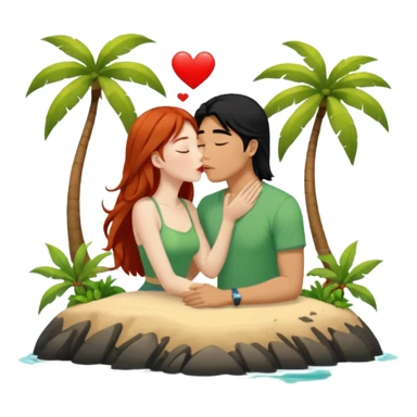 long black haired asian guy kisses redhead girl on island sticker