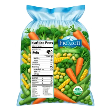 A colorful plastic bag of frozen mixed vegetables (peas, carrots, corn, and broccoli) with a bright label showing freshness and nutrition info. The bag surface has light frost and condensation. Placed in a freezer display section with other frozen food packs around it, real-life grocery store look. sticker