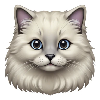 Cinematic Adorable Fluffy Grey Seal Ragdoll Cat Portrait Emoji, Head tilted gracefully with large, sparkling eyes, soft grey fur with darker seal points on the ears, face, and paws, Simplified yet majestic features, highly detailed, glowing with a soft, warm glow, high shine, calm and affectionate, stylized with a touch of elegance, bright and endearing, soft glowing outline, capturing the essence of a regal and loving kitty, so serene it feels like it could glide across the screen with its dignified presence! sticker