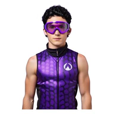 male athlete with white skin and moderately curly black hair on top with shaved sides, wearing ski goggles with purple frames and very dark black lenses, a simple plain black chain necklace, and a completely unzipped sleeveless vest with purple and black sequin fire pattern design with no logo or brand emblem, fully revealing his chest, shoulders and arms, no earrings sticker