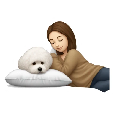 white pillow and a blanket, a white-skinned, brown-haired woman is sleeping with a little Bichon Friese sticker
