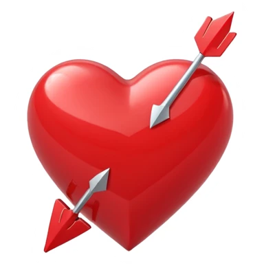 Apple-style 3D illustration of a glossy red heart pierced by a horizontal double-ended arrow. One end of the arrow has a small female symbol, the other end has a small male symbol. The heart is centered, shiny, with soft shadows, floating on a clean white background, minimal and emotional design sticker