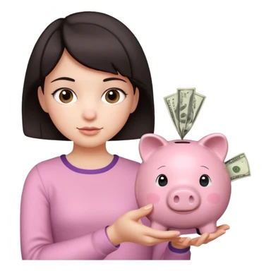 Девушка с тёмными короткими волосами с копилкой в руках складывает в неё деньги  sticker