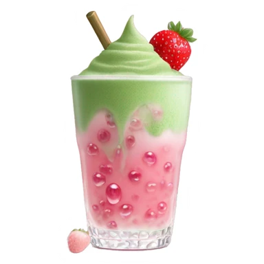 glass of ice matcha with boba pearls in the bottom covered with pink strawberry foam sticker