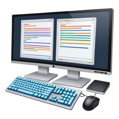 An icon featuring two large monitors filled with colorful code lines, symbolizing programming. The design includes a keyboard, terminal windows, and flowcharts in the background, representing software development, logic, and debugging. Transparent background sticker