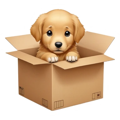  A very cute young Golden Retriever  with one's head tilted to one side poked its paws out of the cardboard big box and placed them on top of it sticker