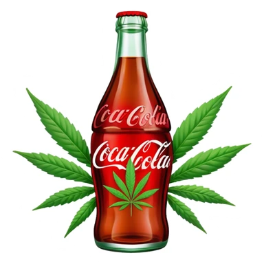Classic Coca-Cola shaped glass bottle with curved contours, red color, with a cannabis leaf sticker