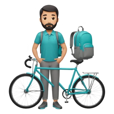 a man with a grey backpack and a torquoise byciycl and he has black shot=rt man hair and a beard with a polo grey shirt and dress pants sticker