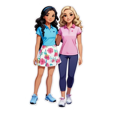 Three girls: one Chinese girl with golf clothes on, one Asian girl with workout pants and wavy mid lengthblack hair, and one American girl with long curly dirty blond hair and a floral dress on. All three are teens. They are all friends sticker