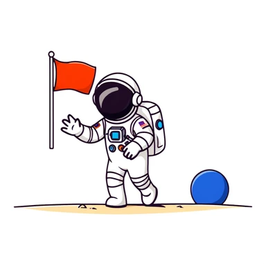 Cosmonaut walking on a planet surface, wearing a spacesuit with Russian flag, light hair and light skin visible through helmet sticker