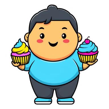 Extremely obese African American cartoon character with a very round face, smiling happily while holding colorful cupcakes sticker