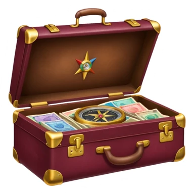 burgundy travel suitcase with multi-colored stamps on it and a gold compass sticker