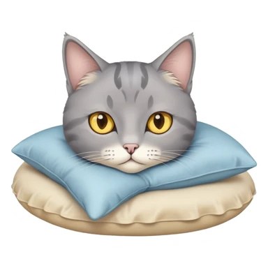 A grey cat with yellow eyes and a light blue bow sits on a beige pillow



 sticker
