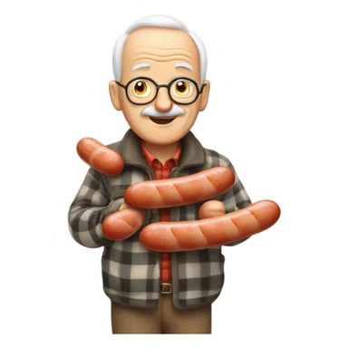 old man outdoors in plaid hanging sausages to dry sticker
