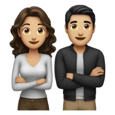 man with black hair and woman with brown hair huggingng sticker