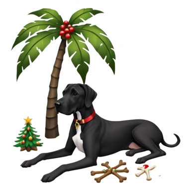Black (no white) cropped Great Dane laying on a tropical beach with a Christmas tree and dog bones under the tree sticker