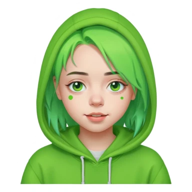 Billie Eilish with neon green hair, hoodie, small smile, pop singer, Apple emoji style sticker