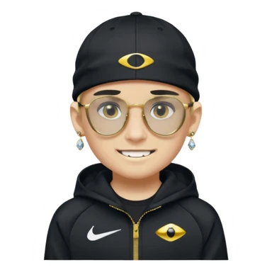 un emoji de un chico emcapuchado blanco, con gorro kalenji, dientes de oro, com uma chaqueta negra nike tech y unas gafas de oakley, con pendientes de diamante  sticker