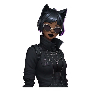 Gorgeous gothic dark techwear cyberpunk anime style sona anthro cat, aesthetic, and pretty edgy black with collar and harness, trending style sticker