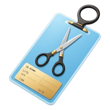 Floating black Scissors cutting in half a light blue idf soldier ID card with golden chip in 2 parts .hyper realistic sticker