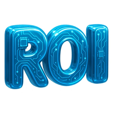 Futuristic 'ROI' typography, glossy circuit style, luminous blue highlights sticker