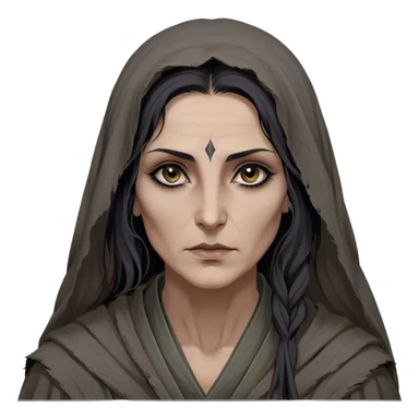 Mirri Maz Duur is a weathered, age 45 Lhazareen woman with deep-set dark eyes, high cheekbones, and a sharp nose, giving her a stern, knowing expression. Her long, unkempt dark hair streaked with gray falls loosely over her shoulders, and her earth-toned, tattered robes mark her as a humble healer. Despite her frail appearance, she exudes an aura of mystery and menace, her hands stained with herbs and blood from both healing and dark sorcery. sticker
