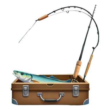 Icon for Fishing Travel: a boat on a calm lake surrounded by mountains and lush greenery, with fish jumping out of the water, a fishing rod, tackle box. The icon should capture the peaceful and adventurous nature of fishing trips. Transparent background. sticker