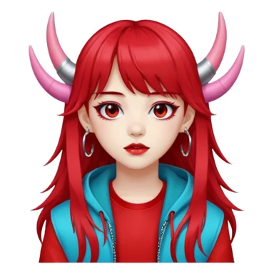  portrait-of-a-red devil-k-pop-idol,-wearing-a-stylish-streetwear-outfit-with-layered-colorful-clothing,-long-hair-with-bangs,-makeup,- sticker