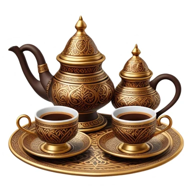 Turkish Coffee Set – Cinematic Realistic Turkish Coffee Set, depicted as an elegantly arranged ensemble of ornate coffee cups and a traditional cezve pot, adorned with intricate patterns and rich, warm colors, rendered with detailed textures and soft ambient lighting that captures its cultural heritage. sticker