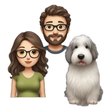 Hyperrealist pregnant girl with half long brown hair with glasses, a boy with long beard, glasses and short hair and english sheepdog sticker