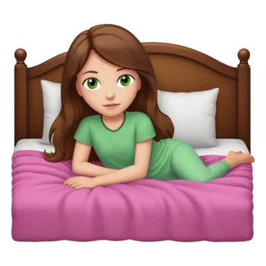 Girl with medium white skin tone and greens eyes and long brown hair laying in bed with a tan padded headboard and pink fuzzy blanket sticker