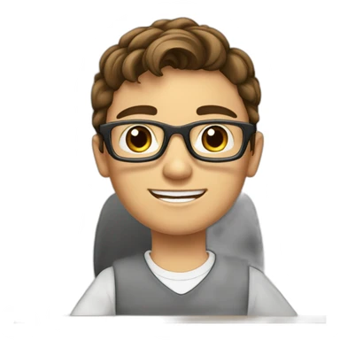 a 12-year-old boy with brown hair and gray eyes wearing glasses and a white shirt is sitting at a desk at school sticker