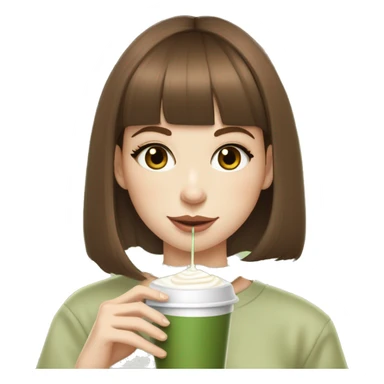 Chestnut brown haired straight haired girl with hazel eyes and bangs  and pale skin sipping a matcha latte, she also has tiny silver hoop earrings in sticker