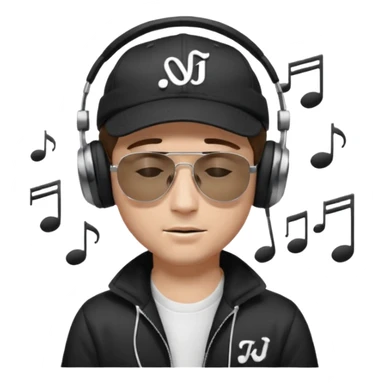 dj man white with baseball cap - rayban Sun Glasses 80s - brown hair - closed eyes with headphones on with musical note over head (listening to music ) - eyes closed no glasses - black hat  musical notes floating around head -  sticker