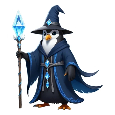A mysterious penguin mage with sleek midnight-blue feathers, wearing a flowing black robe adorned with silver runes. A tall, pointed wizard hat sits slightly tilted on his head, the brim casting a shadow over his glowing icy-blue eyes. His flipper clutches an ancient wooden staff topped with a swirling crystal, radiating a soft, cold light. Snowflakes drift around him as he stands on a frozen cliff, his aura crackling with arcane energy, ready to summon a blizzard with a flick of his staff. sticker