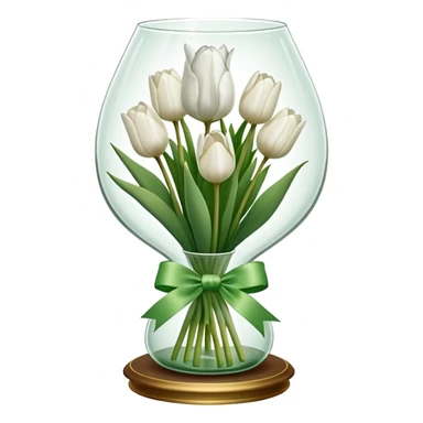 White tulips in case, with a green ribbon sticker