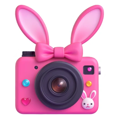 Recreate this exact pink kawaii camera with all the same details including bow, bunny, heart, gem, buttons, and photo coming out in a 3D iOS emoji style. Use soft shading, rounded edges, and glossy highlights to keep the playful and cute look, making it look like a 3D Apple emoji. sticker